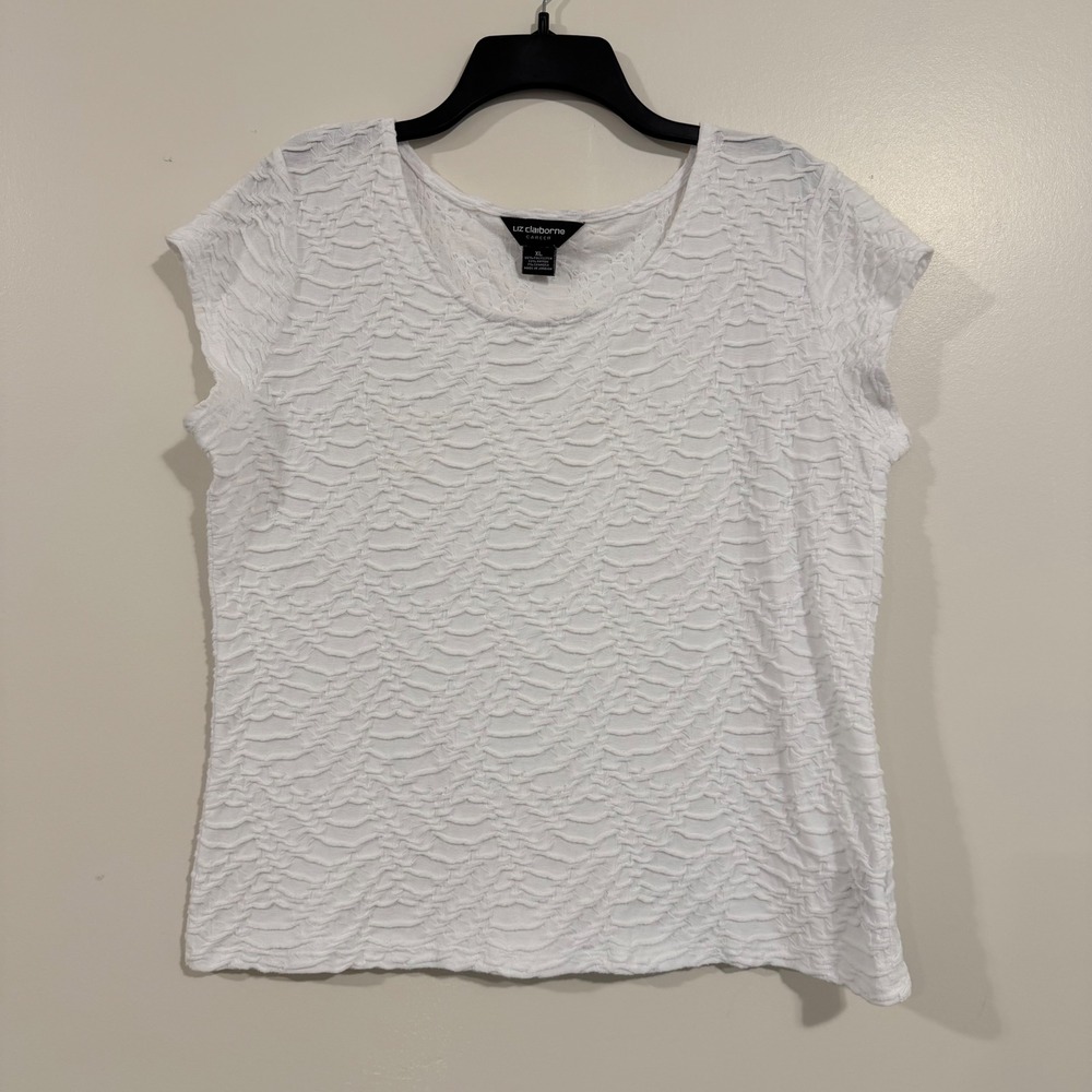 Liz Claiborne Career Blouse Womens XL White Textured Short Sleeve Scoop Neck Top